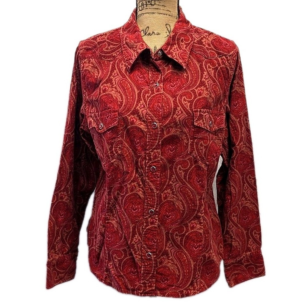 Arizona Paisley Western Snap Shirt Red Corduroy Boho Cowgirl Button Front XL
